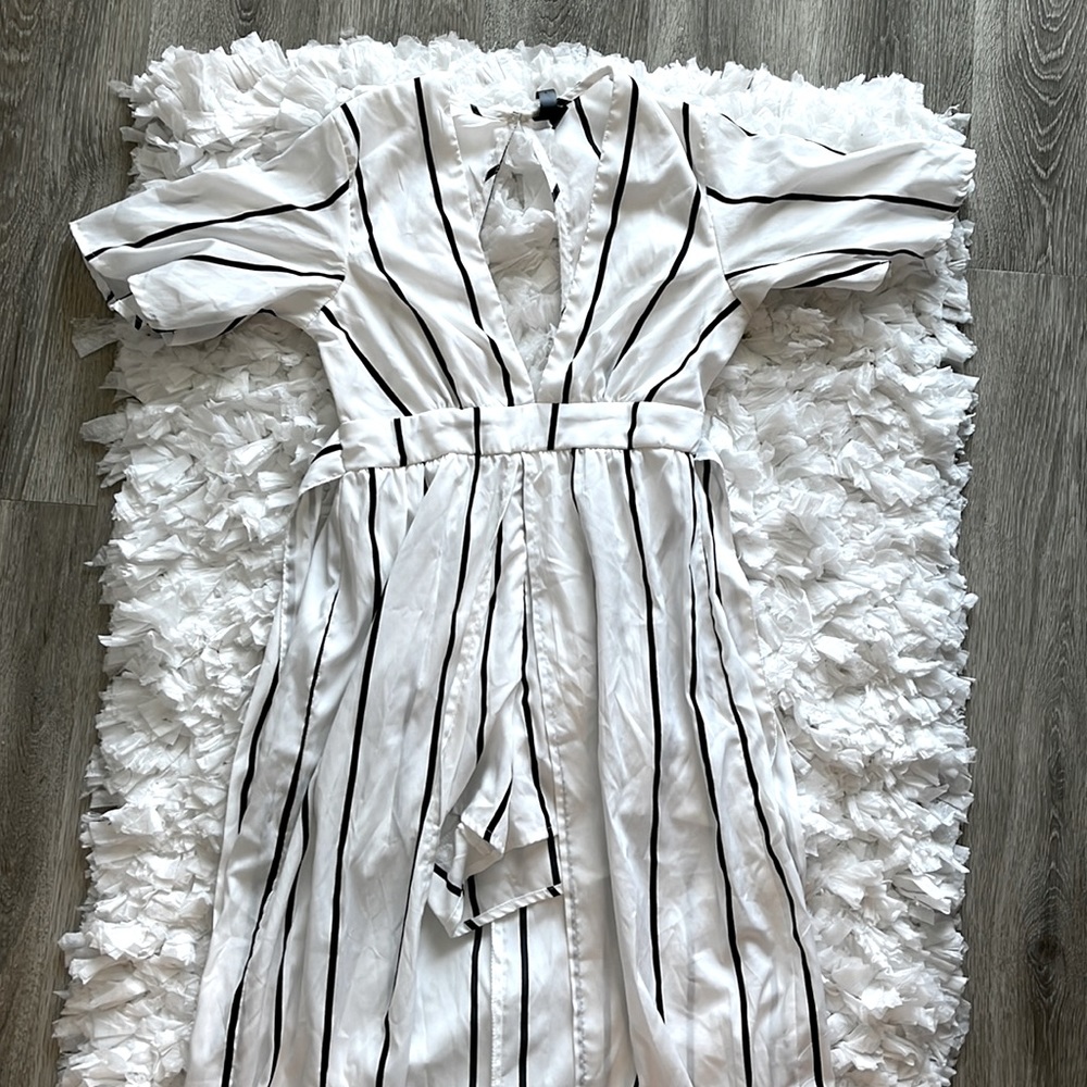 long white and black striped high low dress